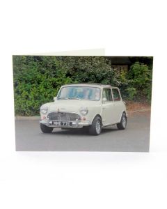 Greetings card featuring a white MK1 Austin Mini Cooper S